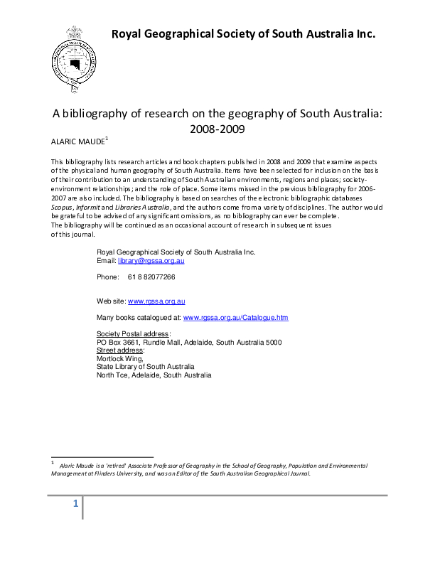Bibliography of research on the Geography of South Australia : 2002 to 2009